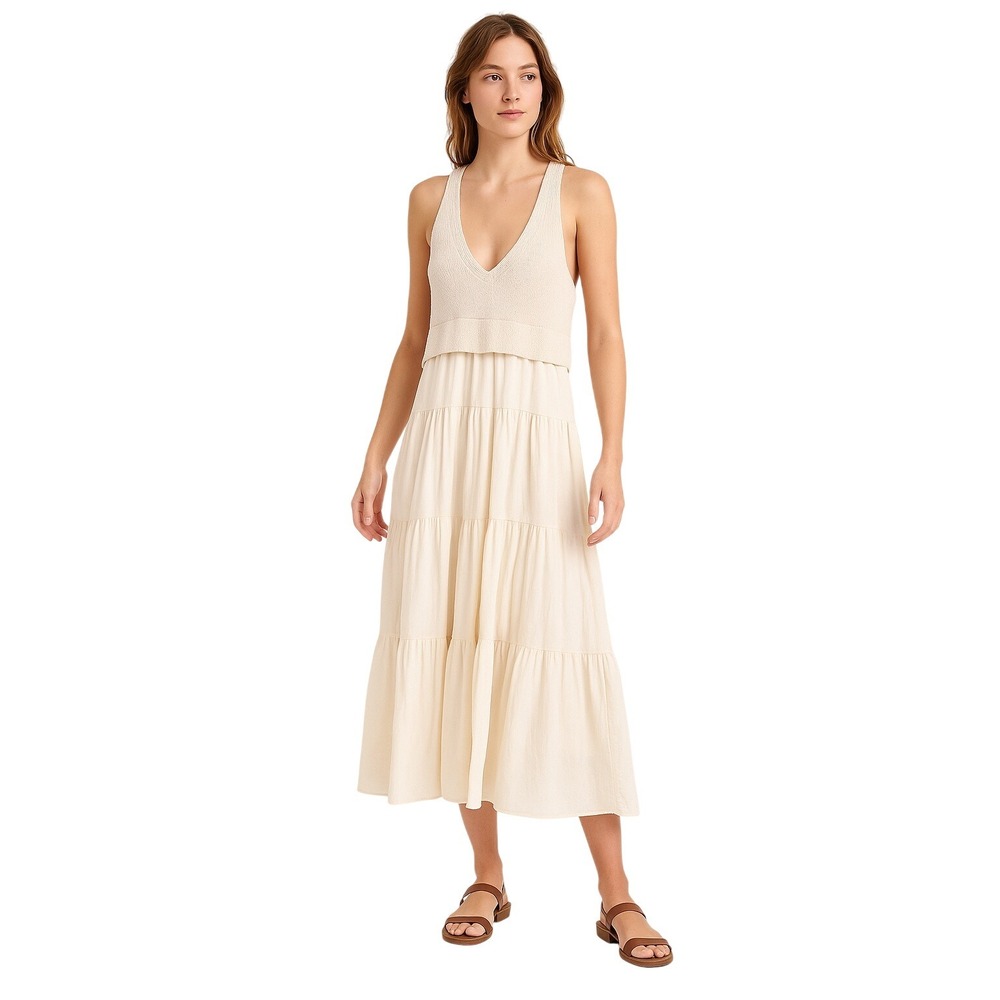 EN SAISON Knit Bodice Tiered Maxi Dress Cream Sleeveless‎ Boho Cottagecore